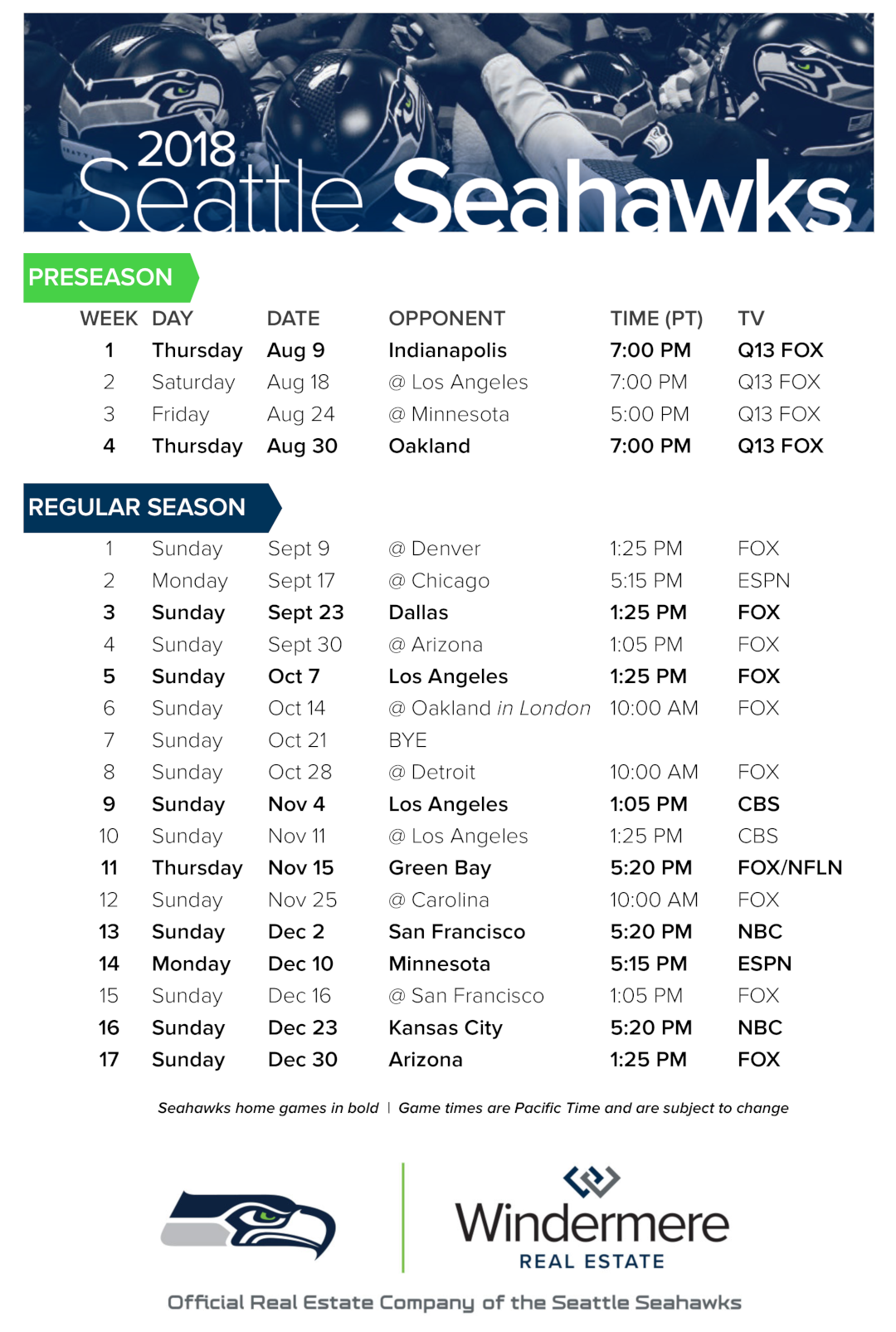 Printable Seattle Seahawks Football Schedule